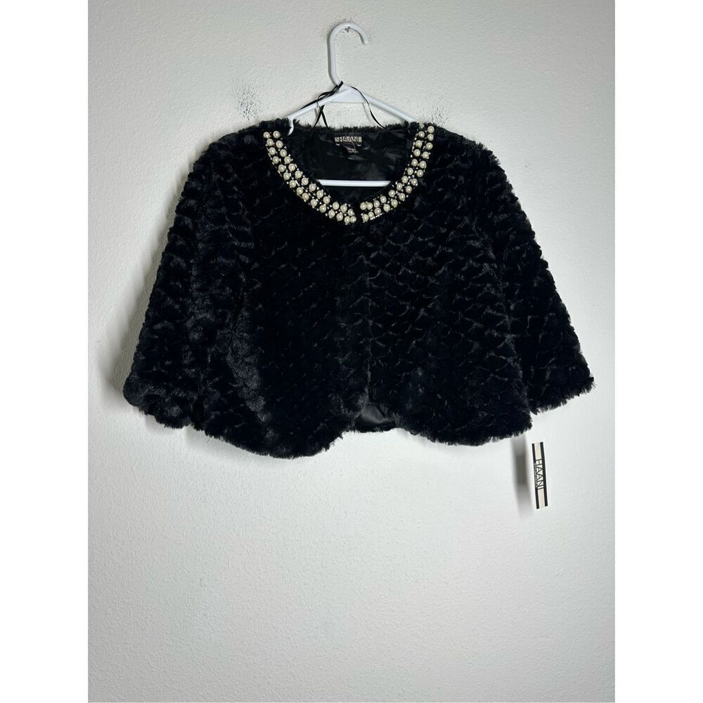 NWT Haani Fabulous Furs Faux Fur Shortie Jacket Rhinestone Pearl Black Sz M